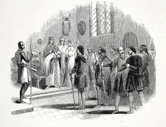 Edward I przedstawiający walijskim wodzom księcia urodzonego wśród nich w zamku Rhuddlan