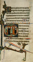 Egerton 1151 fol.47 Inicjał zamieszkany „D” z muzykami, z „Godzin Egerton”, ok. 1260-70 (welum)