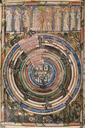 Egerton 2781, f.1v Tabela sfer między niebem a piekłem, ilustracja z „Neville of Hornby Hours”, c.1340-50 (welin)