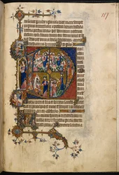Egerton MS 3277, f.123r, duży historyczny inicjał „D” (eus) w Tercji, z Psałterza i Godzin („Bohun Psałterz”) (welin);