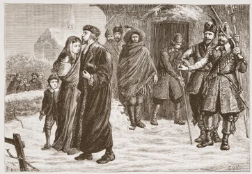 Wyrzucenie węgierskiego pastora protestanckiego w okresie zimowym, ilustracja z Historii protestantyzmu Jamesa Aitkena Wyliego (1808-1890), wyd. 1878