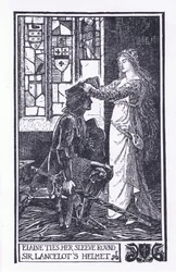 Elaine zawiązuje rękaw wokół hełmu Sir Lancelota, ilustracja z „Księgi romansów” opublikowanej przez Longmans Green and Co