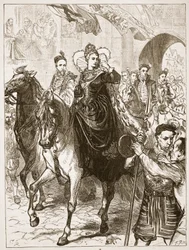 Publiczne wejście Elżbiety do Londynu, ilustracja z Ilustrowanej Historii Anglii Cassella (zdjęcie w sepii)
