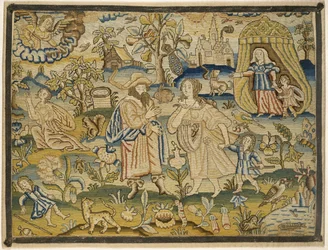 Obraz haftowany: Abrahamowe zwolnienie Hagar, poł. XVII w. (nici jedwabne na płótnie)
