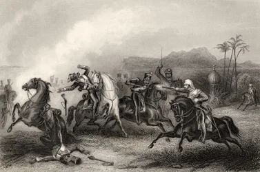 Spotkanie porucznika Hillsa z oddziałem kawalerii Sepoy, z "Historii buntu indyjskiego", opublikowanej w 1858 r.