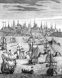 Angielska eskadra przewożąca wojska w celu przejęcia Dunkierki, z „Historii królowej Anny (1665-1714)”, wyd. w 1740
