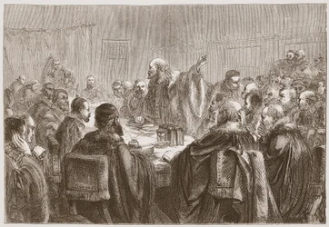 Episcopius zwracając się do członków Synodu w Dort, ilustracja z Historii protestantyzmu Jamesa Aitkena Wylie (1808-1890), wyd. 1878