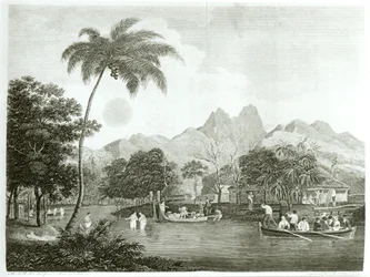Europejscy misjonarze w wiosce na Tahiti, od Podróży misyjnej do południowego Pacyfiku odbytej w latach 1796-98 w Ship Duff, opublikowane w 1799