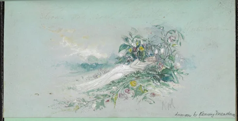 F.7: Kobieta wśród kwiatów, z „Szkicownika ze scenami z opowiadań Karola Dickensa” (akwarela na papierze)