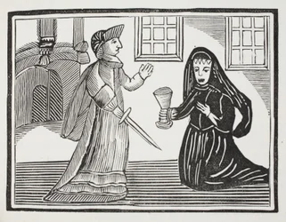 Fair Rosamond otruta przez królową Eleonorę, ilustracja z książki Chap z XVIII wieku autorstwa Johna Ashtona, wyd. 1882