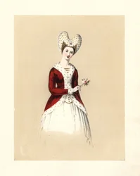 Moda za panowania Henryka V i VI, ilustracja z „Kostiumów dam brytyjskich od czasów Wilhelma I do panowania królowej Wiktorii”