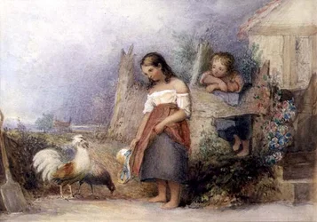 Karmienie Kurcząt (akwarela na papierze)