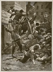 Walka na barykadach w Paryżu, ilustracja z Cassells Illustrated History of England (zdjęcie w sepii)