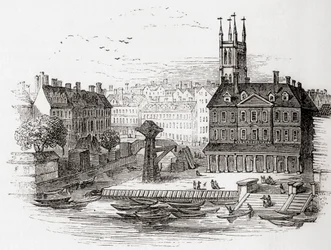 Fleet Ditch, Londyn, Anglia w 1749 r. W miejscu, w którym wpadała do Tamizy w Bridewell, ze Starej Anglii: A Pictorial Museum, wyd. 1847