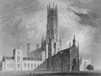 Opactwo Fonthill od północnego zachodu, z Graficznych i literackich ilustracji opactwa Fonthill autorstwa Johna Brittona, 1823