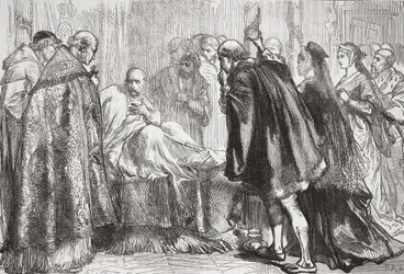 Franciszek I na łożu śmierci, ilustracja z Historii protestantyzmu Jamesa Aitkena Wylie (1808-1890), wyd. 1878