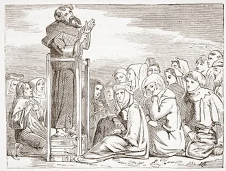 Brat przemawia z ruchomej ambony, ilustracja z Historii protestantyzmu Jamesa Aitkena Wylie (1808-1890), wyd. 1878