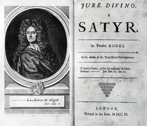 Frontyspis i strona tytułowa dla Jure Divino: A Satyr autorstwa Daniela Defoe, opublikowane w 1706 r.