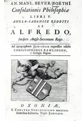 Frontyspis do przekładu Christophera Rawlinsona Alfreda Wielkiego wydanie Boethius De Consolationis Philosophiae, 1698 (druk)