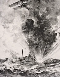 Niemiecka łódź podwodna zbombardowana i zatopiona 26 sierpnia 1915, z „The War Illustrated Album deLuxe” wydanej w Londynie 1916 (lito)