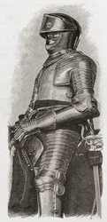 Złocona zbroja podarowana Karolowi I przez miasto Londyn, z „Krótkiej historii ludu angielskiego” J.R. Greena, opublikowanej w 1893 r.