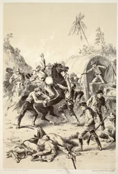 Złota eskorta zaatakowana przez Bush Rangers, z Historii Australazji autorstwa Davida Blaira, McGrady