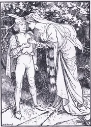 Guenevere wysyła swoją stronę do Lancelota o pomoc, ilustracja z „Księgi romansów” opublikowanej przez Longmans Green and Co