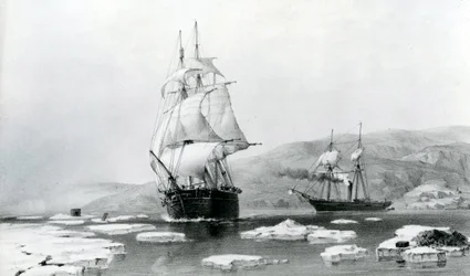 HMS Assistance i Pioneer wydostający się z kwater zimowych w 1854 roku (litografia)