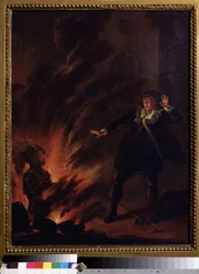"Hamlet w obliczu ducha ojca" (Hamlet i duch ojca) Ilustracja do sztuki Hamlet Williama Szekspira (1564-1621) Obraz ze szkoły angielskiej z początku XIX wieku Wymiary 65x51 cm Pouchkine Museum , Moskwa