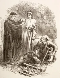 Hamlet trzyma czaszkę Jorika, ilustracja do aktu V, sceny I Hamleta, z „The Illustrated Library Shakespeare”, wydanego w Londynie w 1890 roku