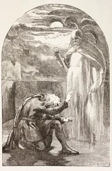 Hamlet widzi ducha, ducha swego ojca, z „Ilustrowanej Biblioteki Szekspira”, wydanej w Londynie 1890
