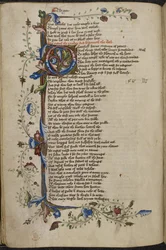 Harley 1758, f.56v Bar obramowanie i inicjał „O” (nienawistny) z początku Man of Law
