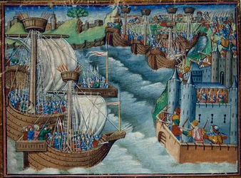 Harley 326, f.29v flota chrześcijańska atakuje port Gaeta we Włoszech, w posiadaniu Turków, z Synów Trzech Króli, ok. 1500 (welum)