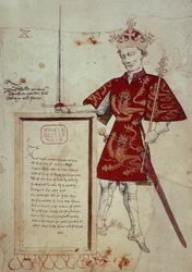 Harley 4205 fol.1 Wilhelm I (1027-87) Zdobywca, z „Księgi broni Sir Thomasa Holme” ok. 1445-50 (welum)