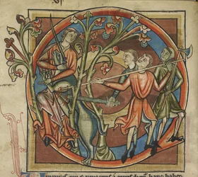 Harley 4751, f.6v Jednorożec zwabiony przez dziewicę, ilustracja z „Bestiariusza”
