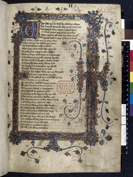 Harley 7334, f.1 iluminowany inicjał „W”, z „The Canterbury Tales”, Geoffrey Chaucer, ok. 1410 (atrament, kolor i złoto na welinie)