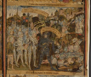 Harley 7353 Edward z Yorku prowadzi swoją armię do bitwy, ilustracja z „Życia Edwarda IV” (welum)