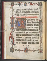 Harley MS 7026, f.7v, historyczny inicjał Adoracji Trzech Króli, z „Lekcjonera Lovella”, c.1400-10 (welum)