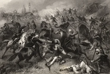 Kolumna Havelocka atakująca buntowników przed Cawnpore w 1857 r., z „Historii indyjskiego buntu”, opublikowanej w 1858 r.