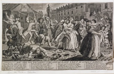 On i jego pijani towarzysze wzniecają zamieszki w Covent Garden, 1735