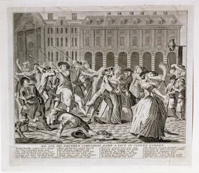 On i jego pijani towarzysze wzniecają zamieszki w Covent Garden, 1735