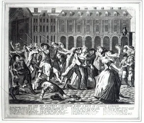 On i jego pijani towarzysze wzniecają zamieszki w Covent Garden, z pirackiego serialu opartego na „A Rake