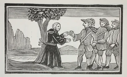 Przywiązał opata do drzewa, ilustracja z ksiąg rozdziałów z XVIII wieku autorstwa Johna Ashtona, wyd. 1882