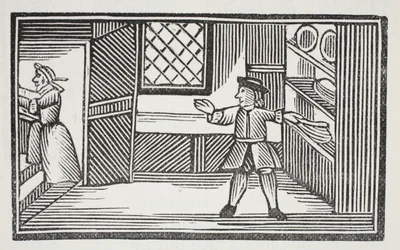 Poszedł do spiżarni i poczęstował się chlebem i masłem, ilustracja z książki Chap-books of the Eighteenth Century autorstwa Johna Ashtona, pub. 1882