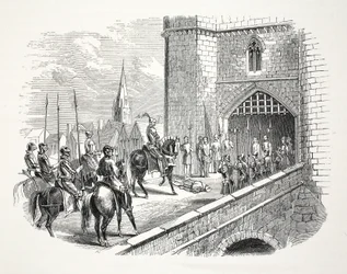 Henry Earl of Richmonds (później Henryk VII) wjazd do Shrewsbury nad ciałem burmistrzów, pub. XIX wiek (grawerowanie stali)