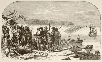 Henry Hudson oferuje Indianom alkohol w 1609 roku (litho)