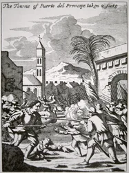 Henry Morgan zdobywa i plądruje miasto Puerto de Principe na Kubie w 1668 r., ilustracja z „Buccaneers of America” autorstwa Johna Esquemelinga, opublikowana w 1699 r. (rycina)