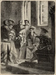 Henryk VIII. i jego Rada nakazująca tłumaczenie Biblii na język angielski - 1538 - rycina z „Historii Anglii” autorstwa Cassella Pettera i Galpina