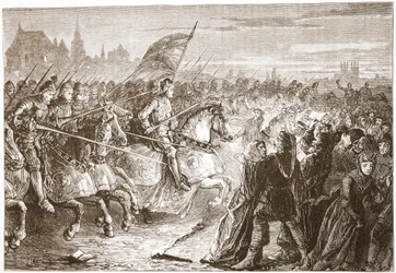 Atak Henryka V na Lollard Conventicle, ilustracja z „Historii protestantyzmu” Jamesa Aitkena Wylie (1808-1890), wyd. 1878 (grawerowanie)