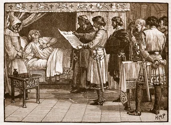 Henry odbiera wiadomość o zdradzie Johna, ilustracja z Cassells Illustrated History of England (zdjęcie w sepii)